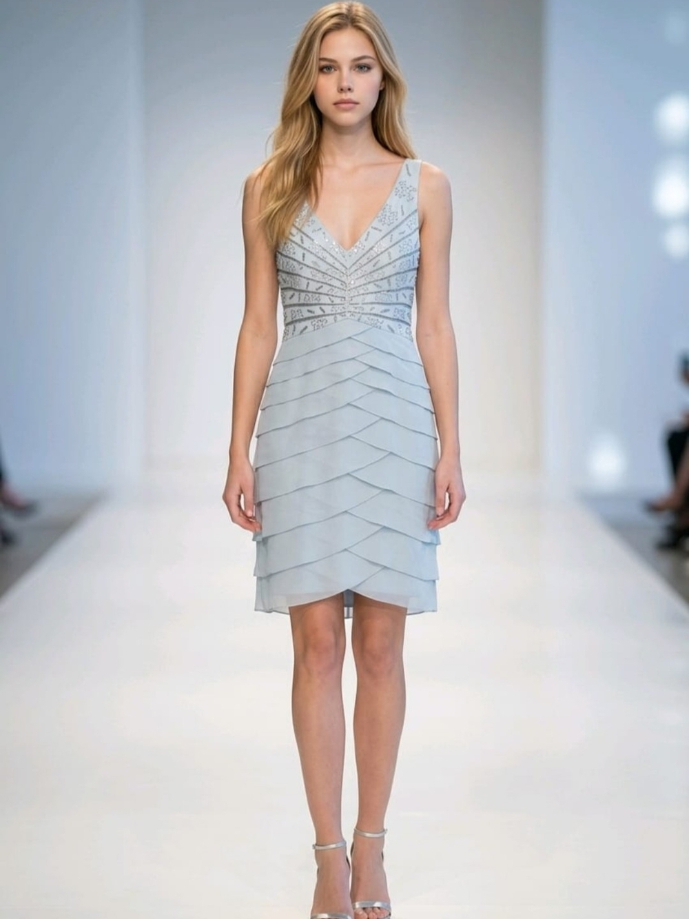 Chetta B Ice Blue Beaded Tiered Cocktail Dress Size 12 Illusion V Neck Formal